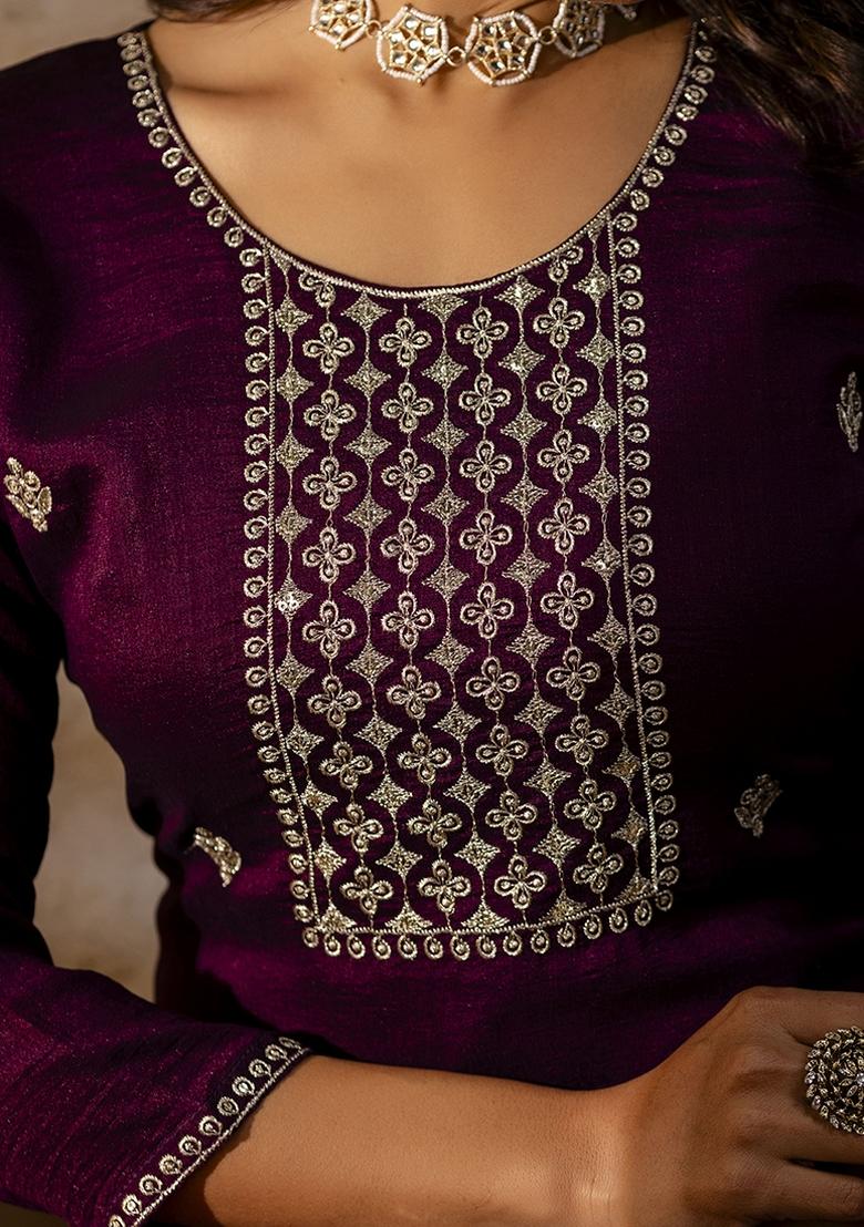 Wine Embroidered Silk Blend Kurta Set With Dupatta - Indya