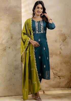 Teal Embroidered Silk Blend Kurta Set With Dupatta