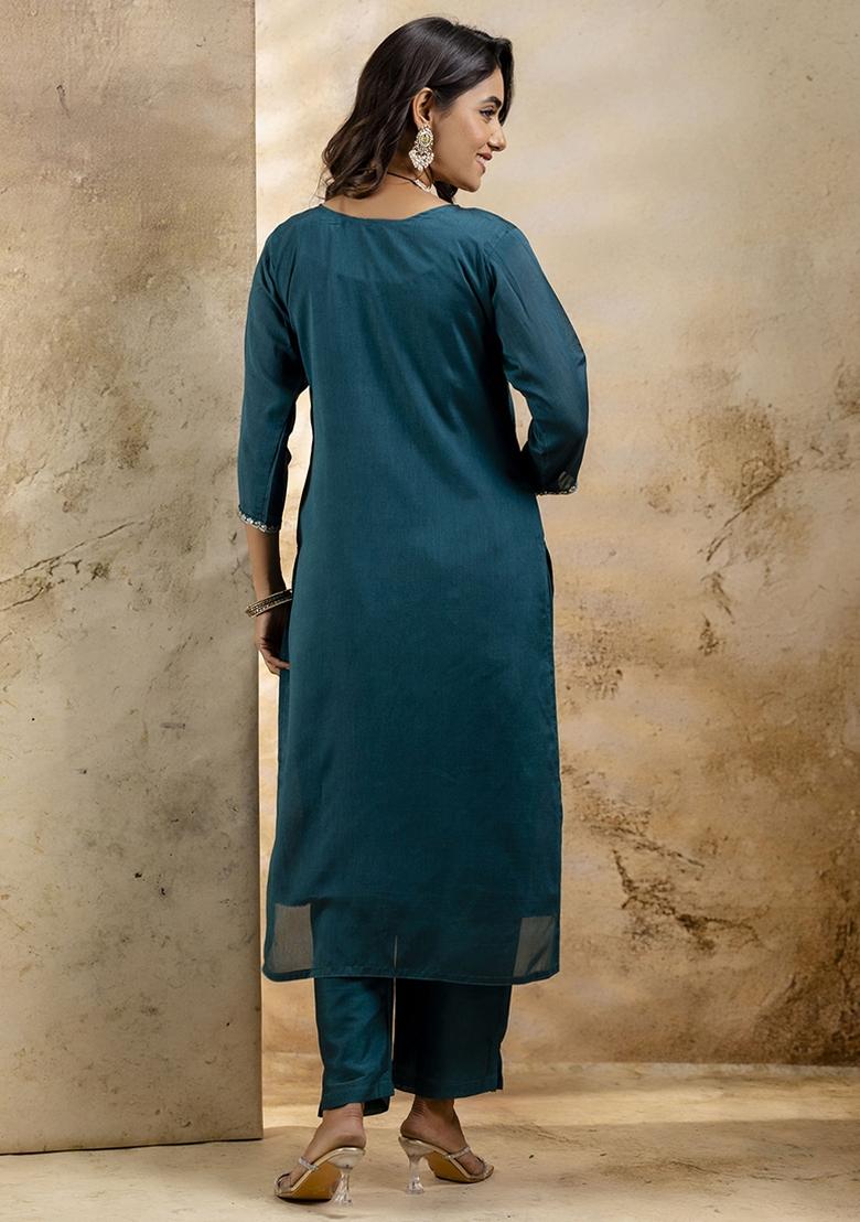 Teal Embroidered Silk Blend Kurta Set With Dupatta - Indya
