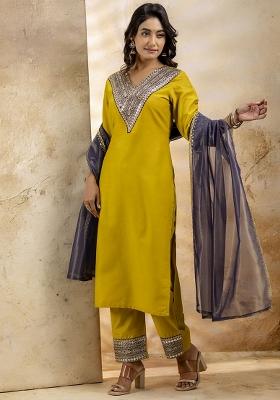 Mustard Embroidered Viscose Rayon&nbsp;Kurta Set With Dupatta