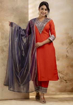 Orange Embroidered Viscose Rayon Kurta Set With Dupatta