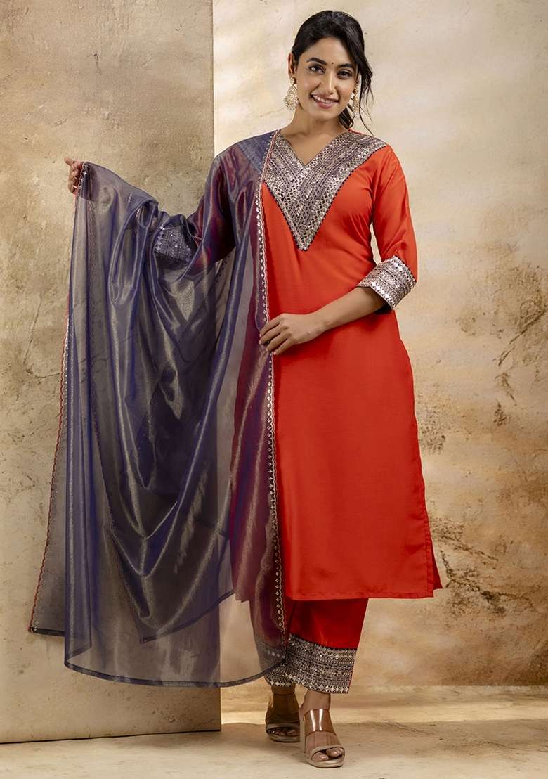 Orange Embroidered Viscose Rayon Kurta Set With Dupatta - Indya