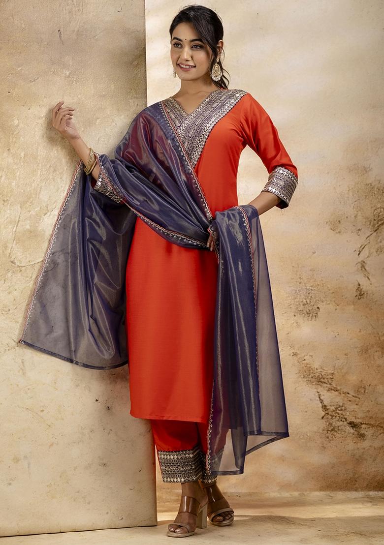 Orange Embroidered Viscose Rayon Kurta Set With Dupatta - Indya
