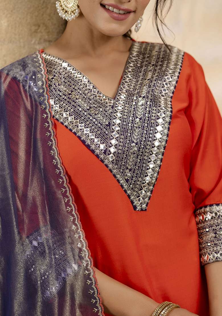 Orange Embroidered Viscose Rayon Kurta Set With Dupatta - Indya