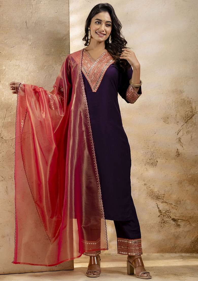 Violet Embroidered Viscose Rayon Kurta Set With Dupatta - Indya