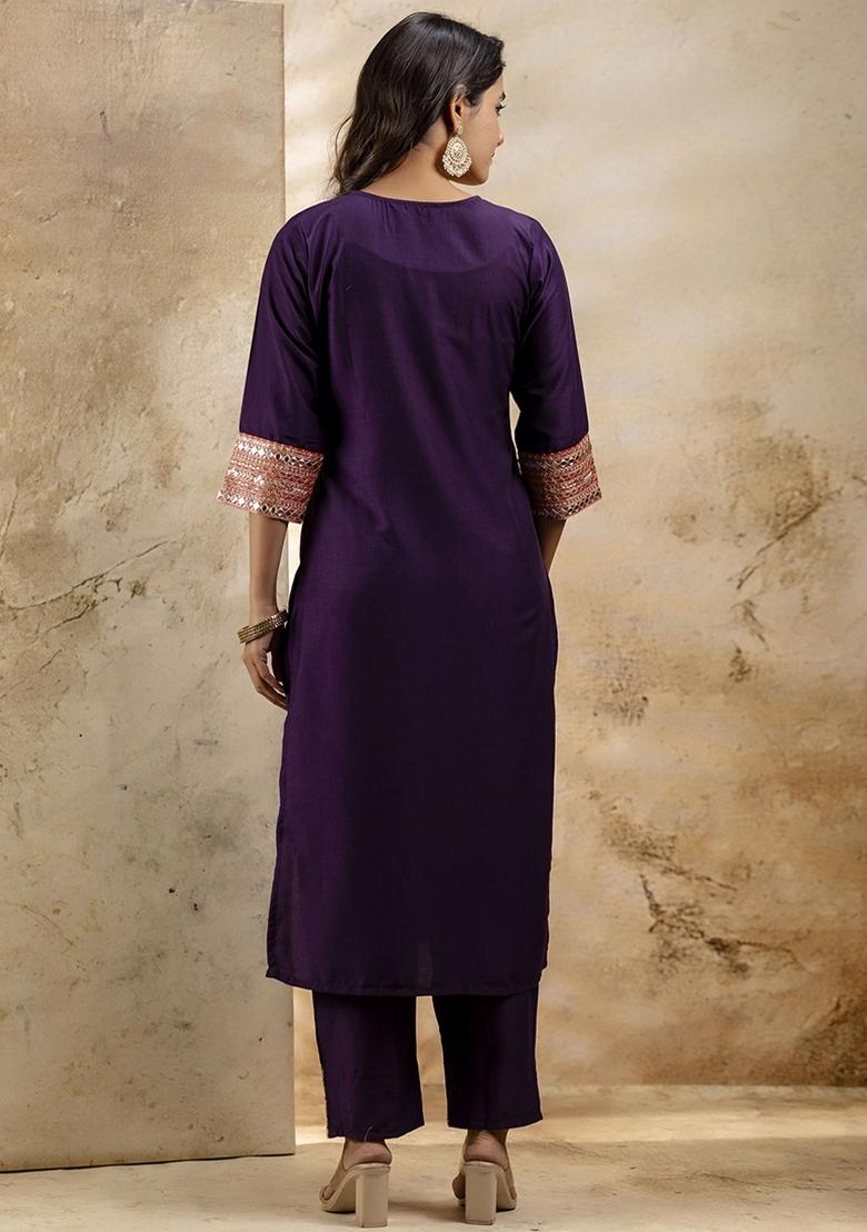 Violet Embroidered Viscose Rayon Kurta Set With Dupatta - Indya