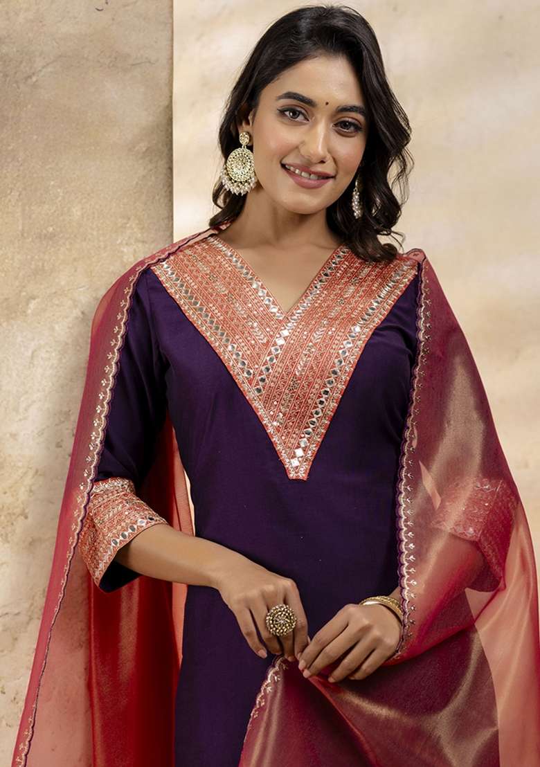Violet Embroidered Viscose Rayon Kurta Set With Dupatta - Indya