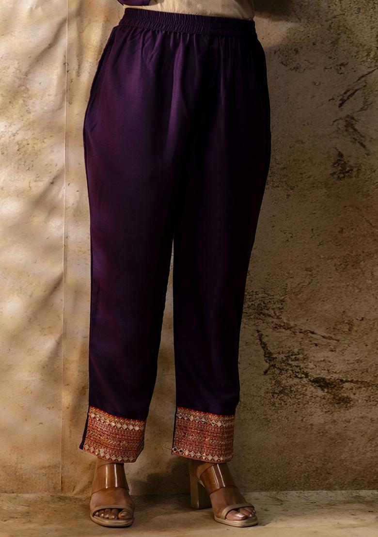 Violet Embroidered Viscose Rayon Kurta Set With Dupatta - Indya