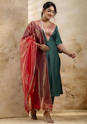 Bottle Green Embroidered Viscose Rayon&nbsp;Kurta Set With Dupatta