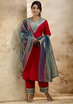 Red Embroidered Viscose Rayon Kurta Set With Dupatta