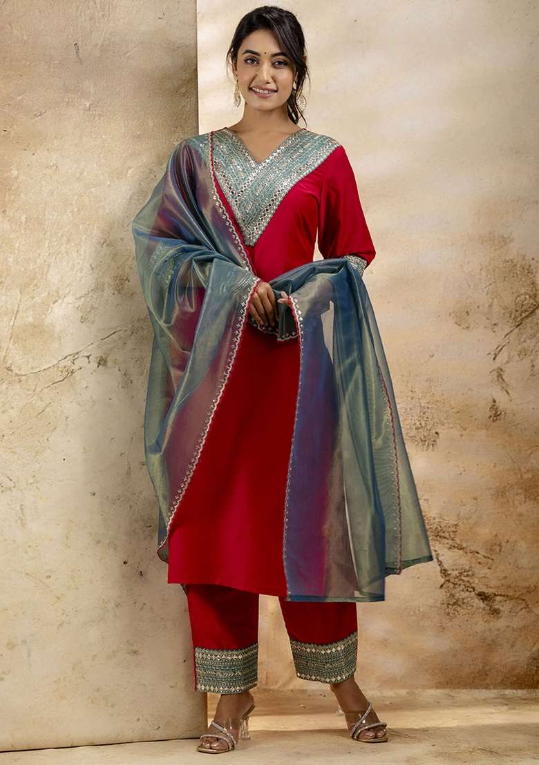 Red Embroidered Viscose Rayon Kurta Set With Dupatta - Indya