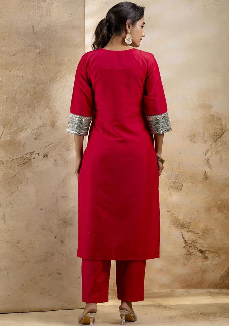 Red Embroidered Viscose Rayon Kurta Set With Dupatta - Indya