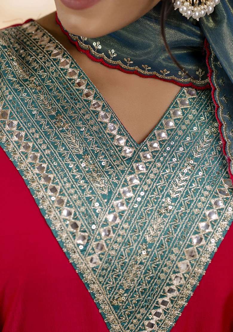 Red Embroidered Viscose Rayon Kurta Set With Dupatta - Indya