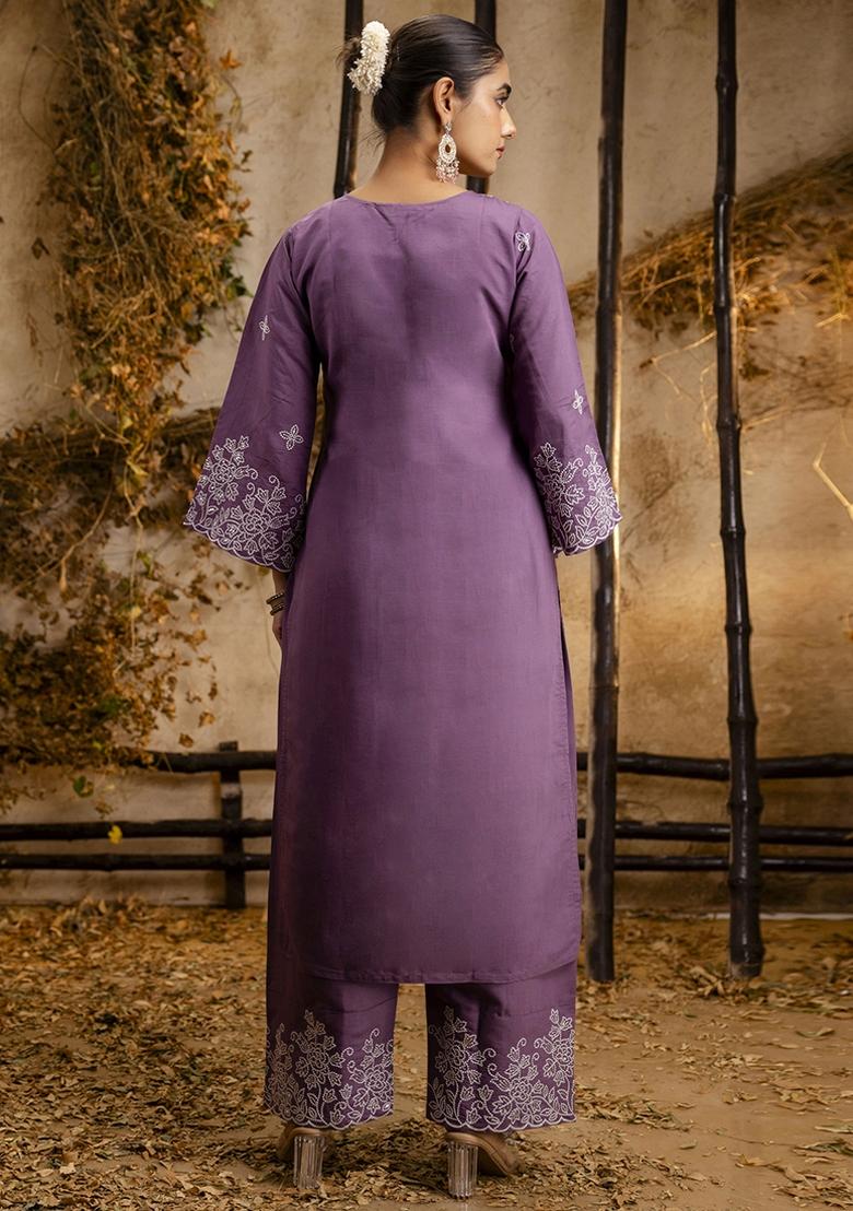 Lavender Embroidered Silk Blend Kurta Set With Dupatta - Indya