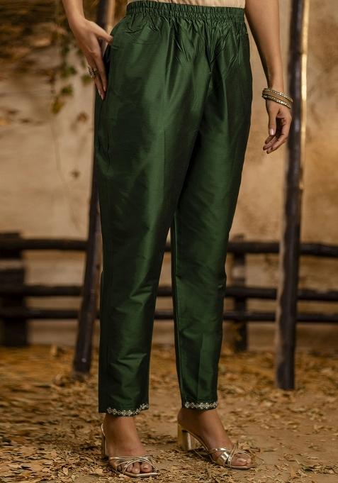 Dark Green Embroidered Silk Blend Kurta Set With Dupatta