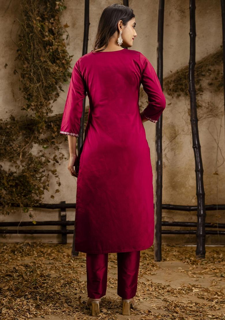 Pink Embroidered Silk Blend Kurta Set With Dupatta - Indya