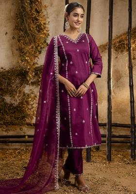 Wine Embroidered Silk Blend Kurta Set With Dupatta