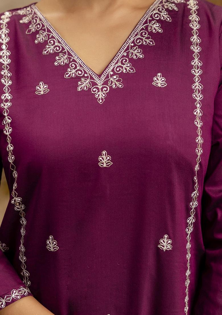 Wine Embroidered Silk Blend Kurta Set With Dupatta - Indya
