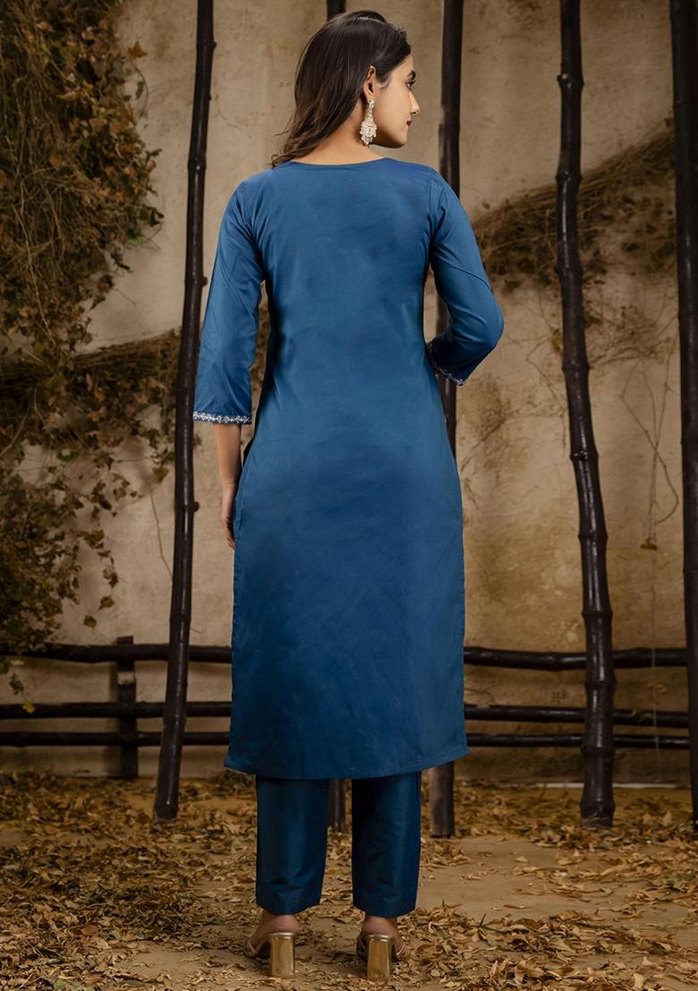 Navy Blue Embroidered Silk Blend Kurta Set With Dupatta - Indya