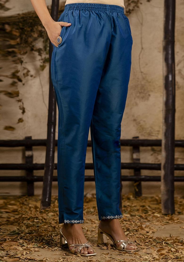 Navy Blue Embroidered Silk Blend Kurta Set With Dupatta - Indya