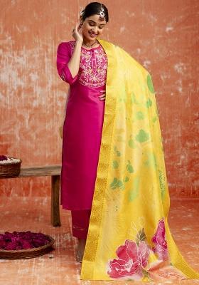 Rani Pink Embroidered Silk Blend Kurta Set With Dupatta