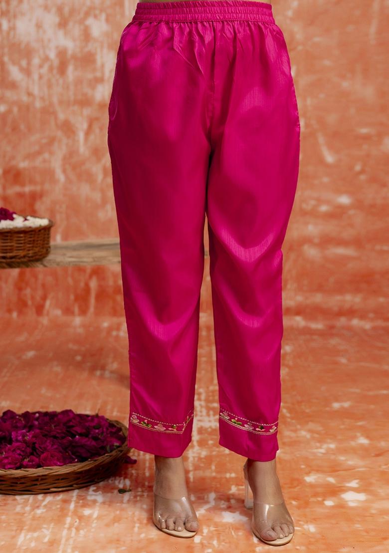 Rani Pink Embroidered Silk Blend Kurta Set With Dupatta - Indya