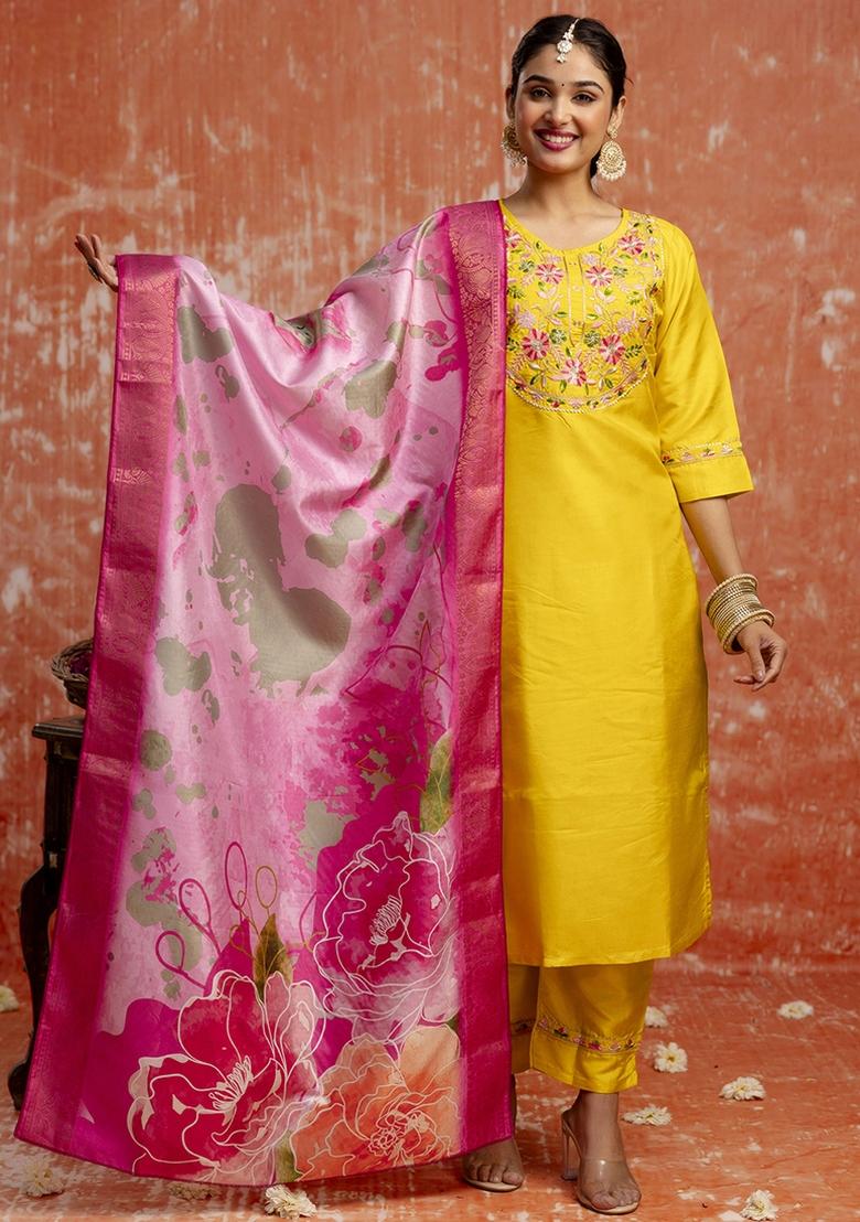 Yellow Embroidered Silk Blend Kurta Set With Dupatta