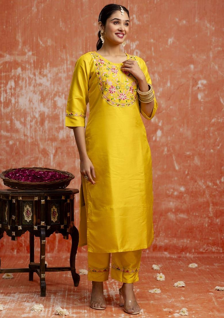 Yellow Embroidered Silk Blend Kurta Set With Dupatta - Indya