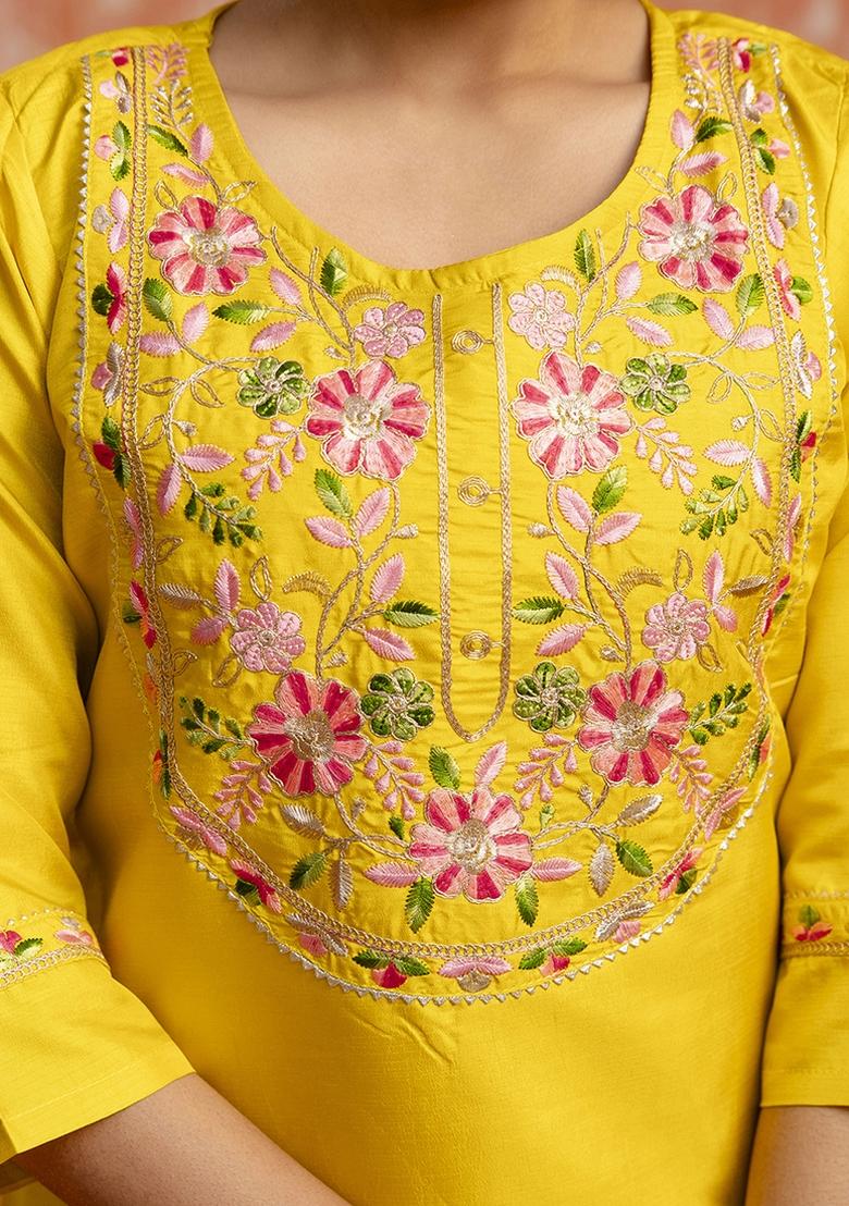 Yellow Embroidered Silk Blend Kurta Set With Dupatta - Indya