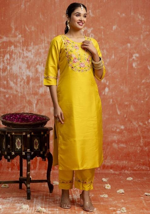 Yellow Embroidered Silk Blend Kurta Set With Dupatta