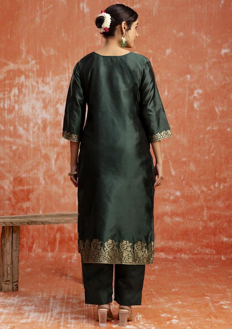 Dark Green Embroidered Cotton Silk Blend Kurta Set With Dupatta