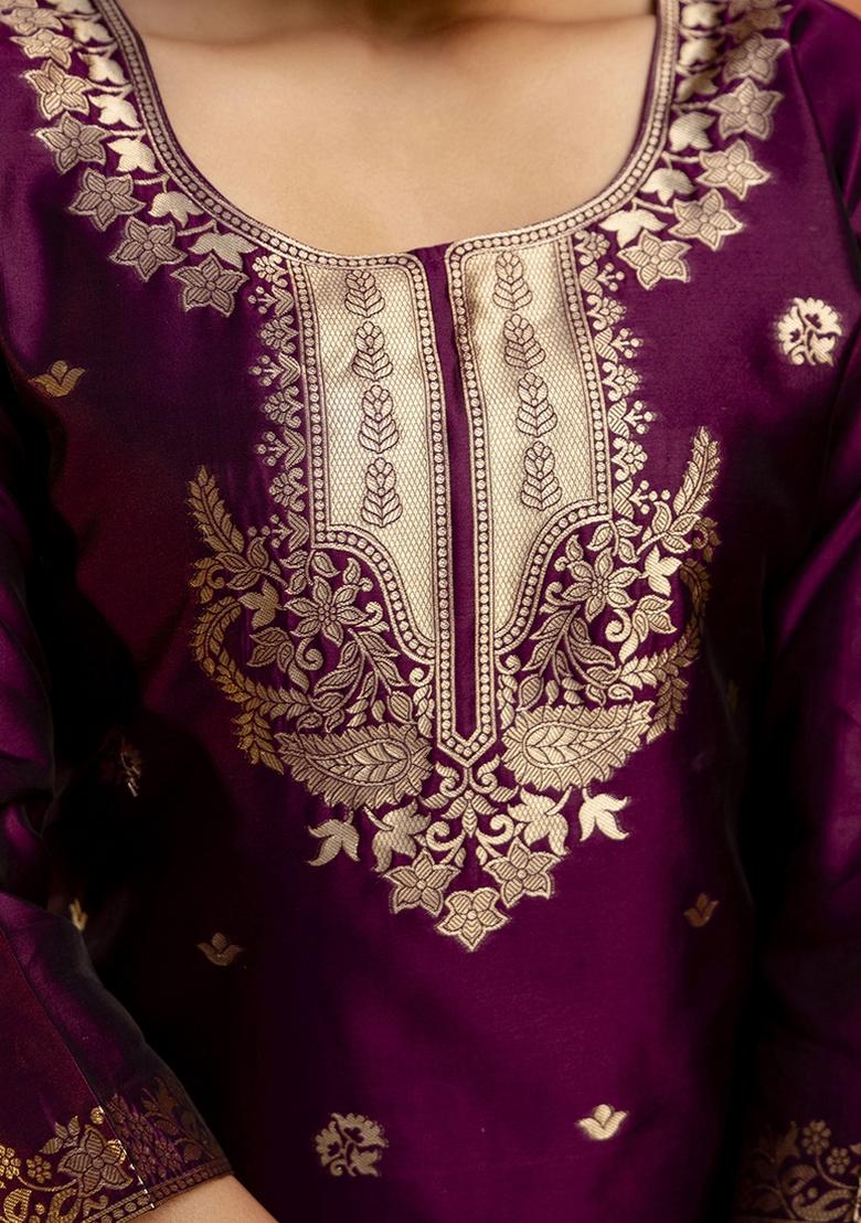 Wine Embroidered Cotton Silk Blend Kurta Set With Dupatta - Indya