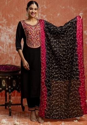 Black Embroidered Viscose Rayon&nbsp;Kurta Set With Dupatta