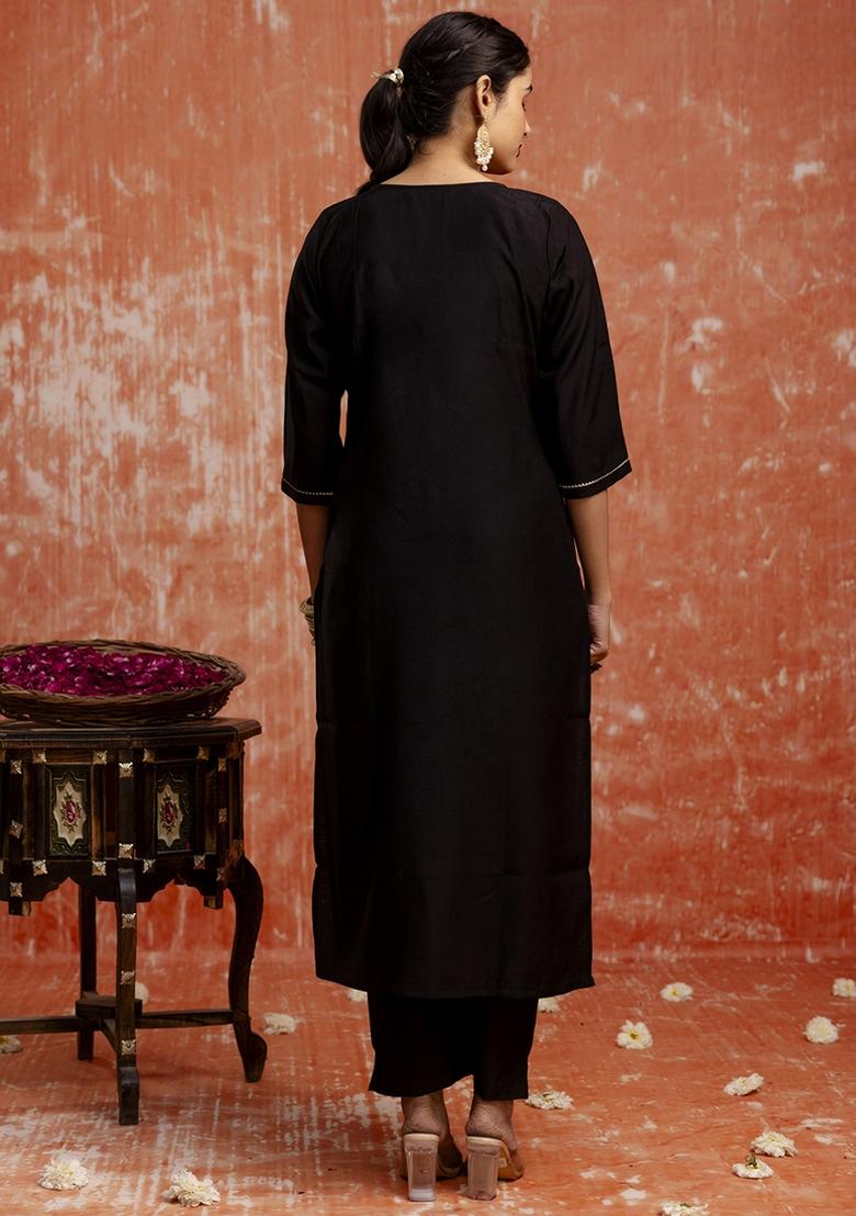 Black Embroidered Viscose Rayon&nbsp;Kurta Set With Dupatta - Indya