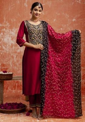 Red Embroidered Viscose Rayon Kurta Set With Dupatta
