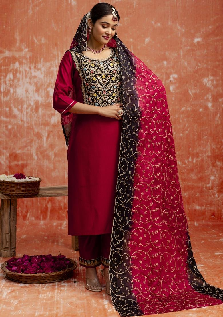Red Embroidered Viscose Rayon Kurta Set With Dupatta - Indya