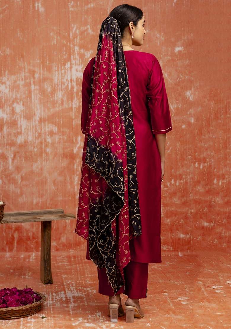 Red Embroidered Viscose Rayon Kurta Set With Dupatta - Indya