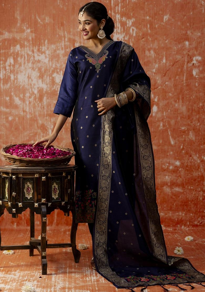 Navy Blue Embroidered Cotton Silk Blend Kurta Set With Dupatta - Indya