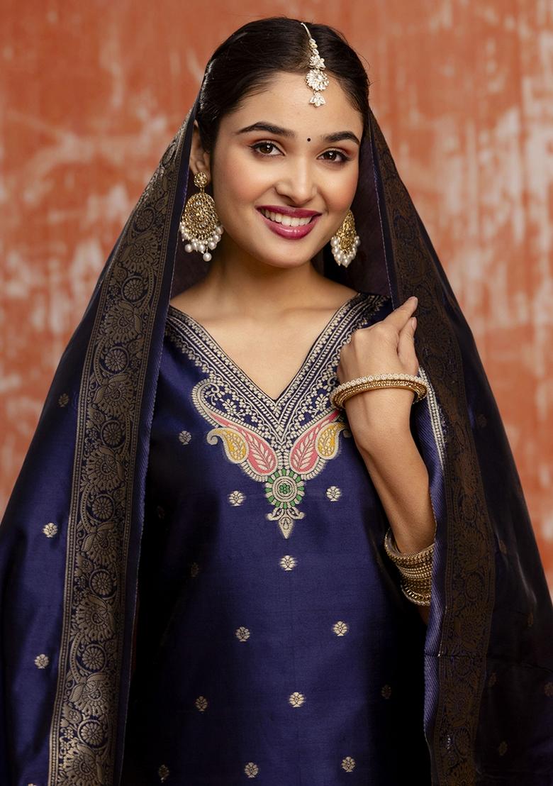 Navy Blue Embroidered Cotton Silk Blend Kurta Set With Dupatta - Indya