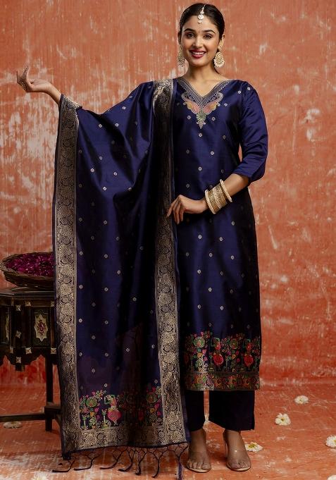 Navy Blue Embroidered Cotton Silk Blend Kurta Set With Dupatta