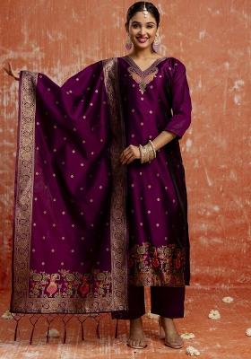 Wine Embroidered Cotton Silk Blend Kurta Set With Dupatta