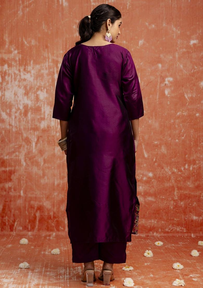 Wine Embroidered Cotton Silk Blend Kurta Set With Dupatta - Indya