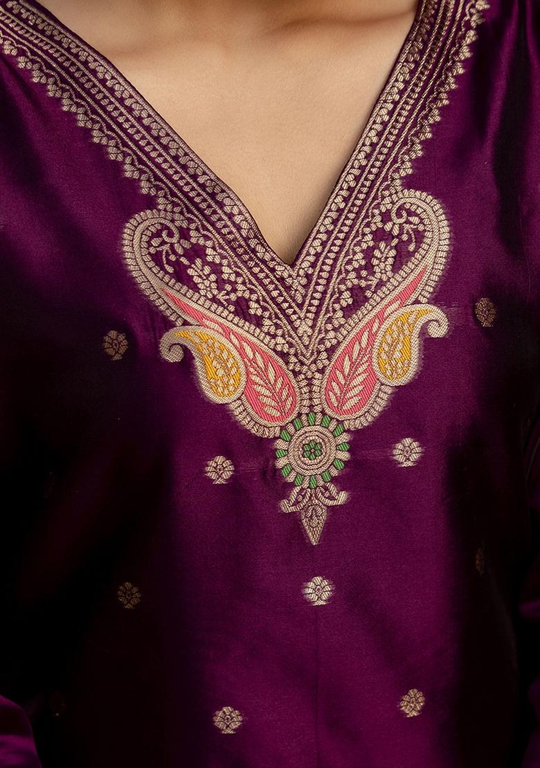 Wine Embroidered Cotton Silk Blend Kurta Set With Dupatta - Indya