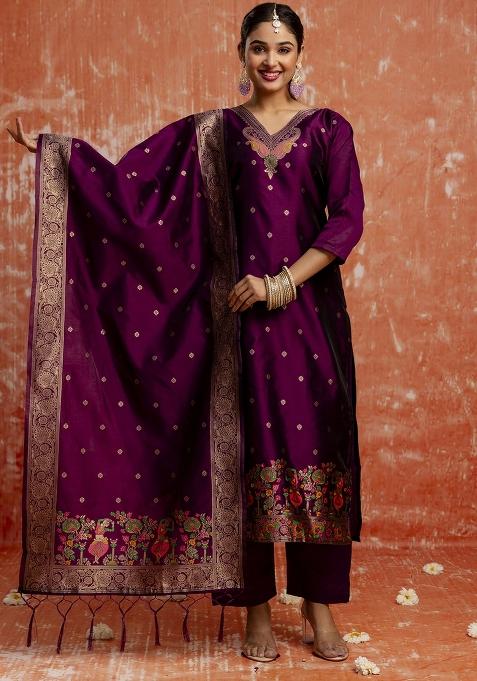 Wine Embroidered Cotton Silk Blend Kurta Set With Dupatta