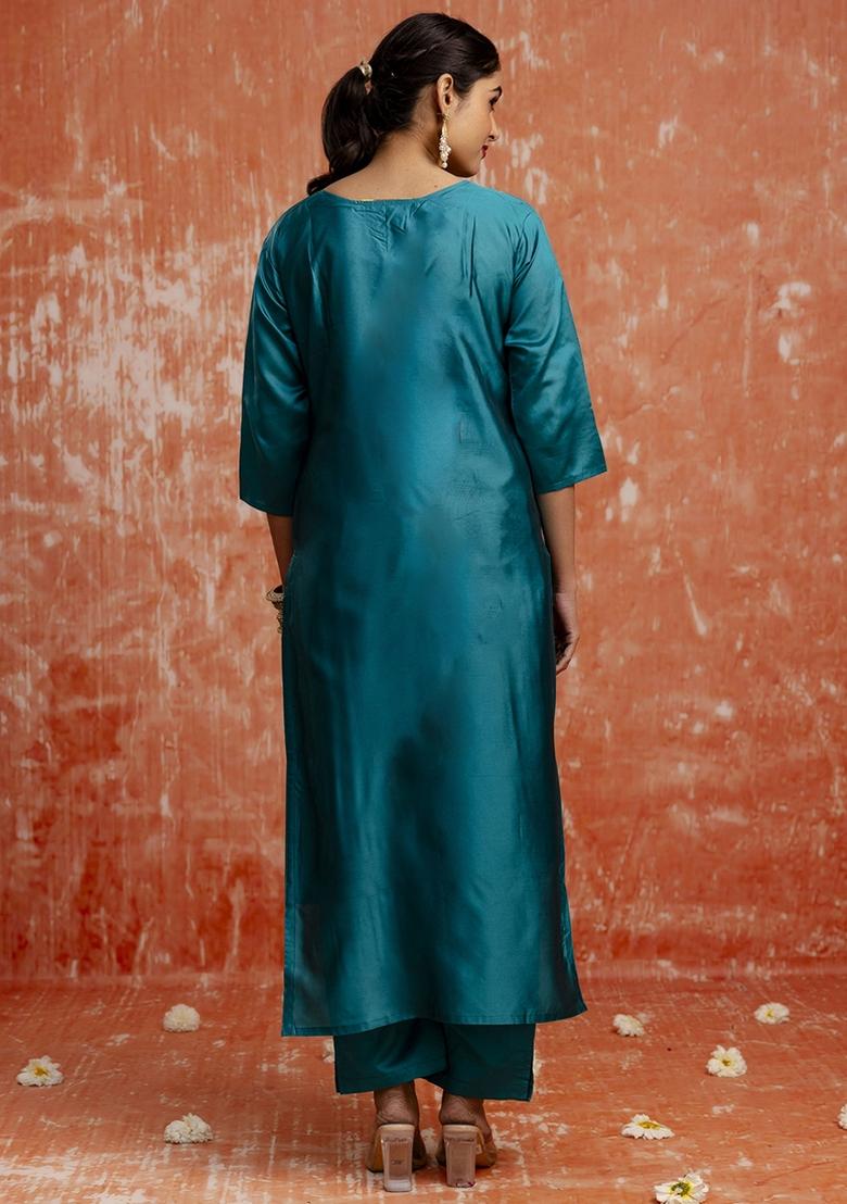 Rama Embroidered Cotton Silk Blend Kurta Set With Dupatta - Indya