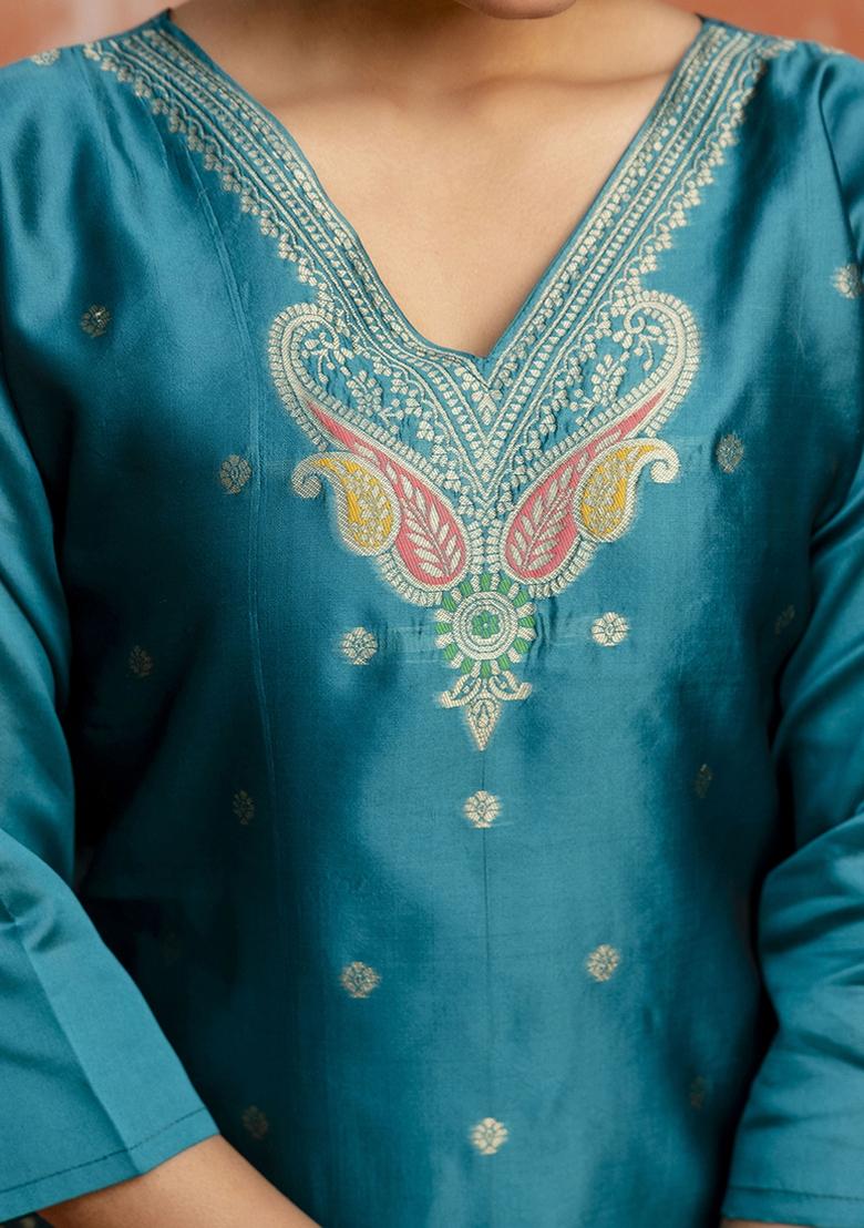 Rama Embroidered Cotton Silk Blend Kurta Set With Dupatta - Indya