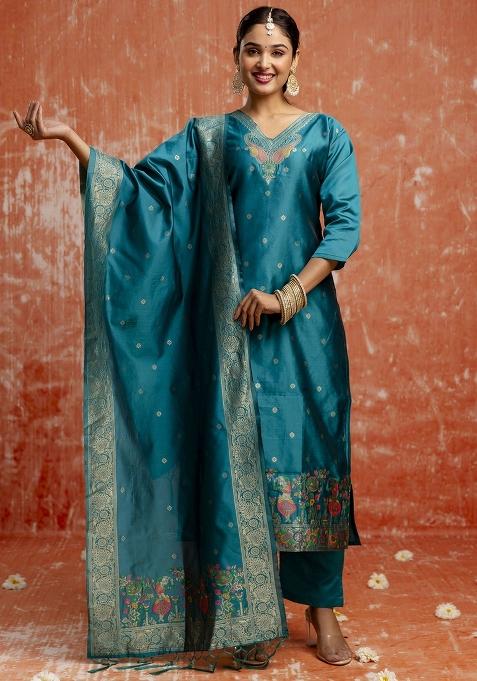 Rama Embroidered Cotton Silk Blend Kurta Set With Dupatta