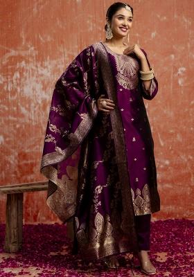 Wine Embroidered Cotton Silk Blend Kurta Set With Dupatta