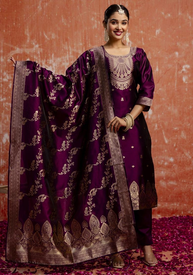 Wine Embroidered Cotton Silk Blend Kurta Set With Dupatta - Indya