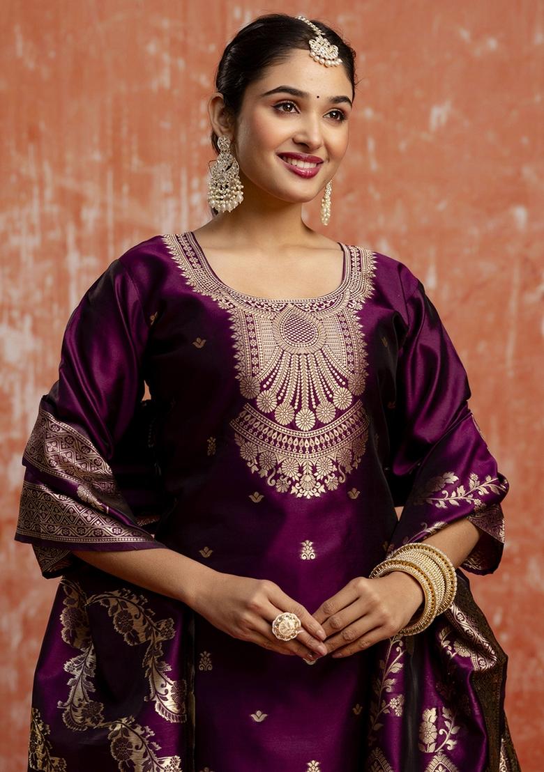 Wine Embroidered Cotton Silk Blend Kurta Set With Dupatta - Indya